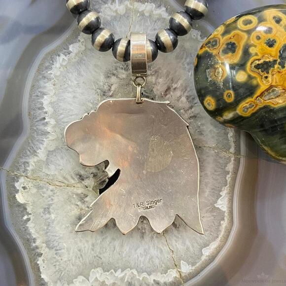 Tommy & Rosita Singer Sterling Silver Green Turquoise Overlay Eagle Pendant - Picture 7 of 10